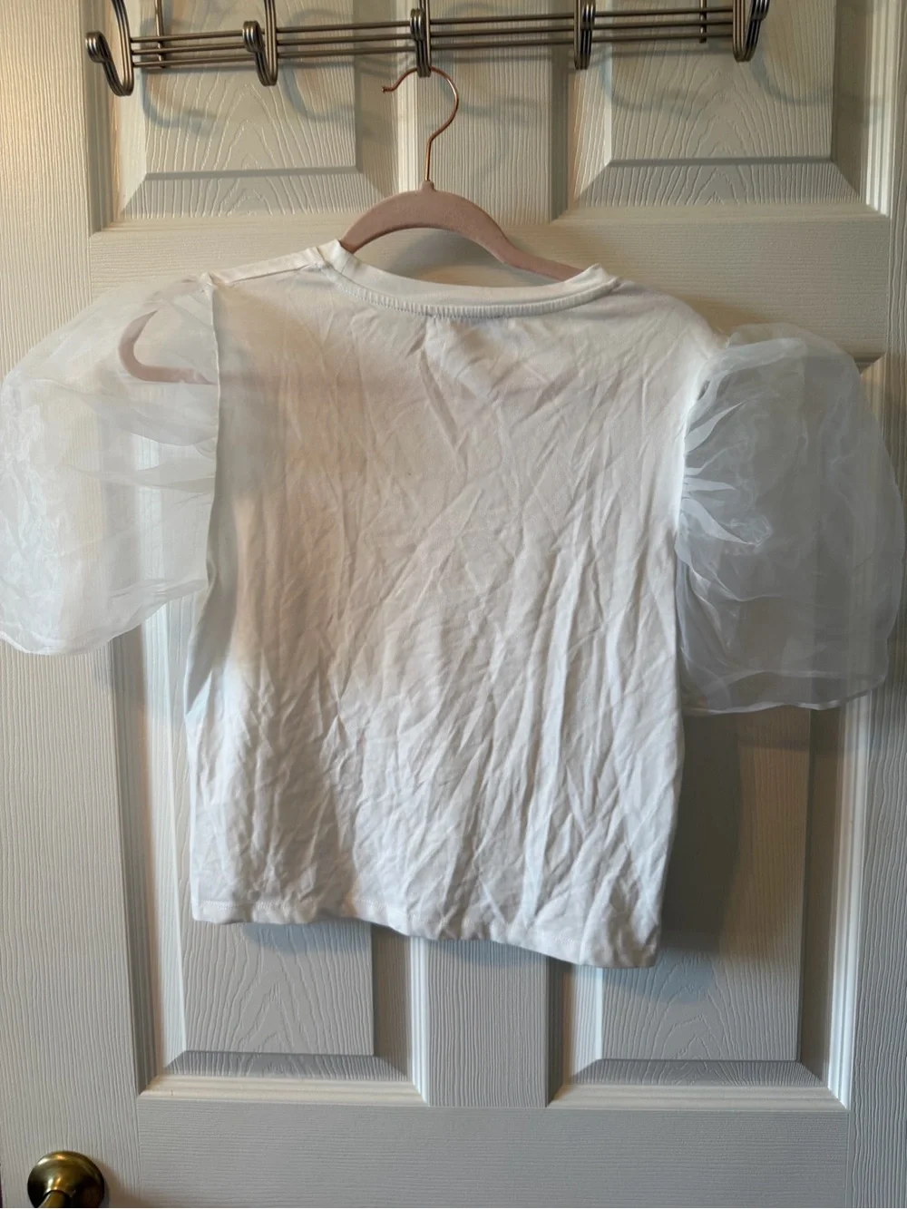 Zara White Puff Sleeve Tee with Sheer Organza Sleeves